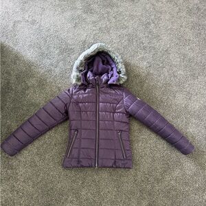 Romfh Purple Quilted Puffer Jacket with Faux Fur Hood